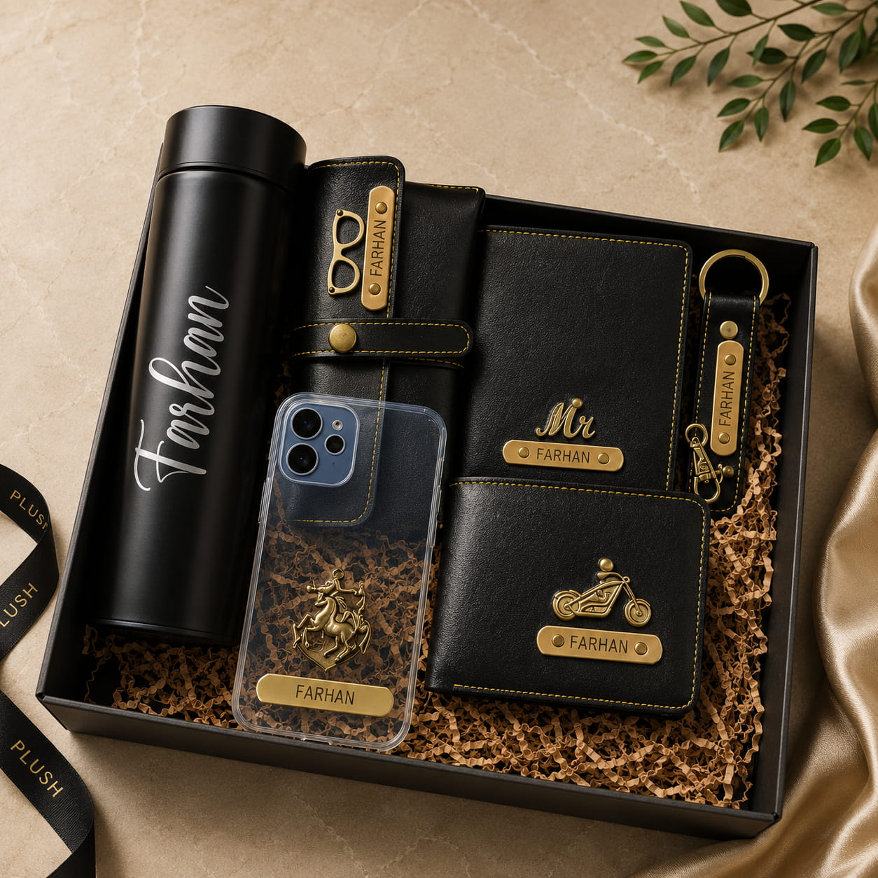 Personalized Executive Premium Gift Set with custom silicone mobile cover, passport cover, wallet, LED bottle, sunglass holder and leather keychain.