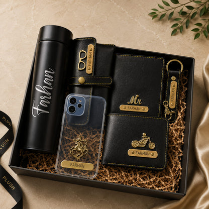 Personalized Executive Premium Gift Set with custom silicone mobile cover, passport cover, wallet, LED bottle, sunglass holder and leather keychain.