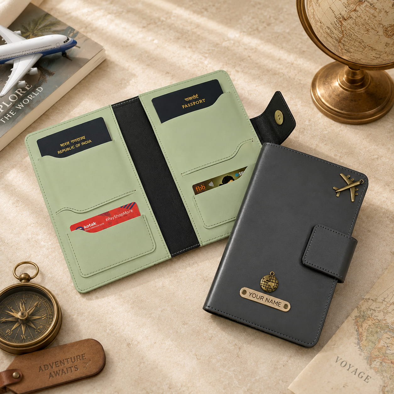 Personalized family passport cover holding 4 passports with card slots and engraved name.