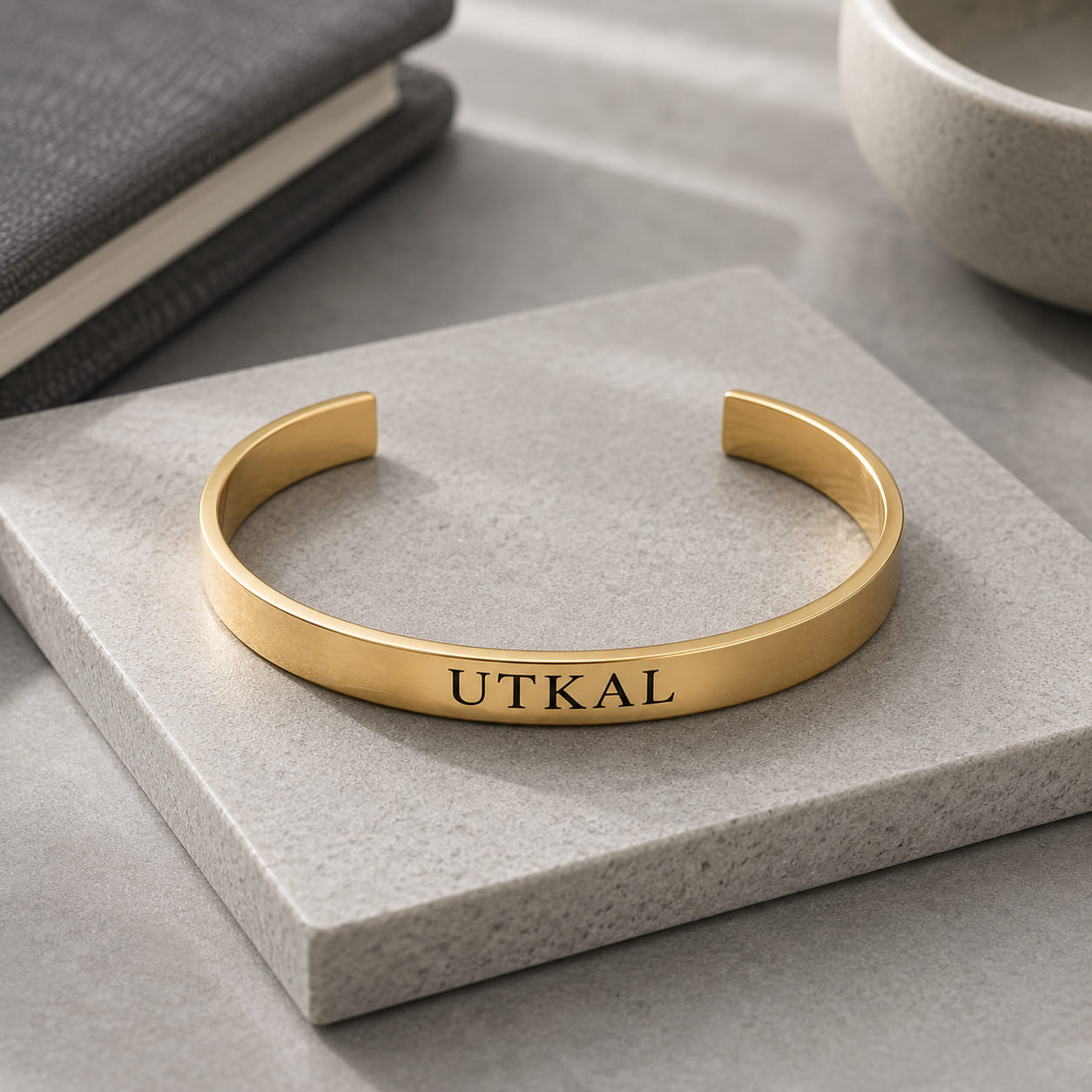 Classic Gold Personalized stainless steel half kada bracelet with custom name engraving and adjustable open-cuff design.