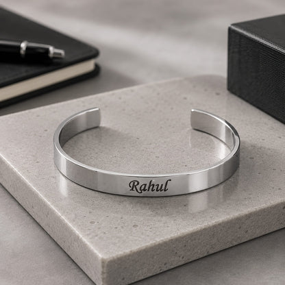 Silver Steel stainless steel half kada bracelet with custom name engraving and adjustable open-cuff design.
