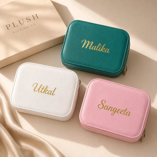 Personalized LED jewelry organizer box with built-in mirror and custom name in pink, white and green colours