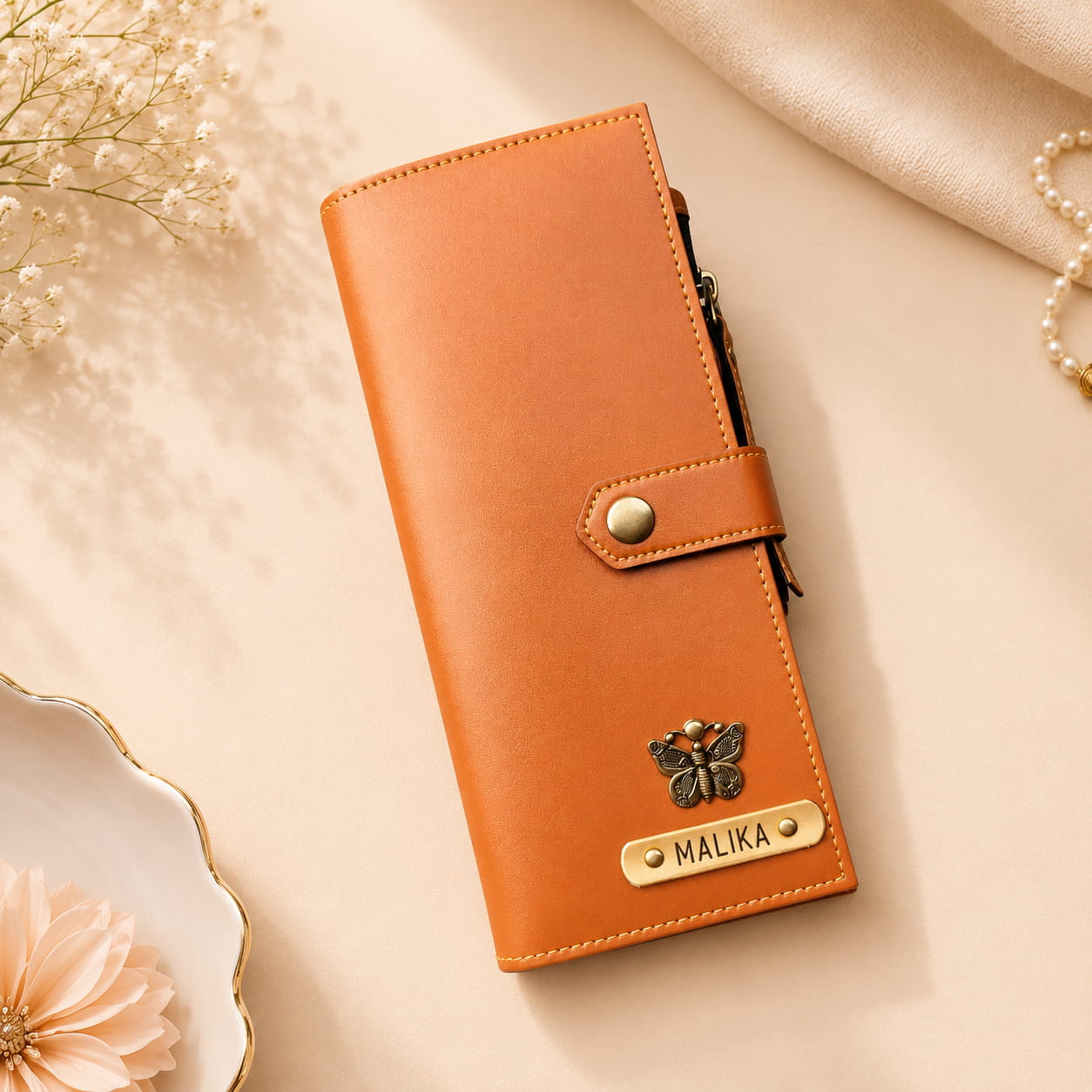 Personalized long women's wallet with custom name plate and butterfly charm