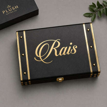 Personalized Luxury Trunk Gift Hamper with customized trunk box, passport cover, men's wallet, mini wallet, leather keychain and premium pen.