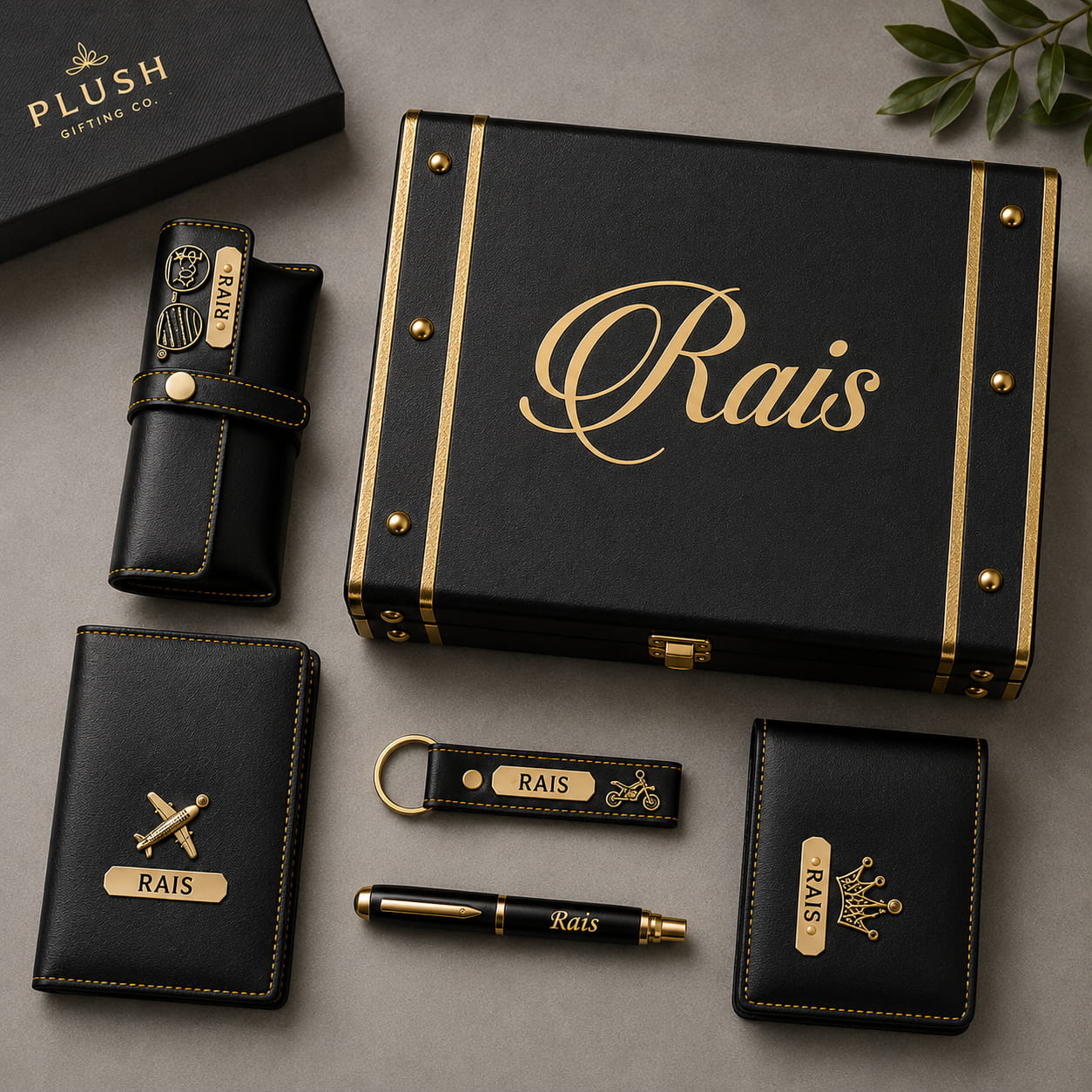 Personalized Luxury Trunk Gift Hamper with customized trunk box, passport cover, men's wallet, mini wallet, leather keychain and premium pen.