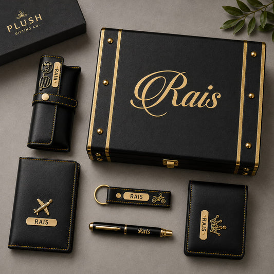 Personalized Luxury Trunk Gift Hamper with customized trunk box, passport cover, men's wallet, mini wallet, leather keychain and premium pen.