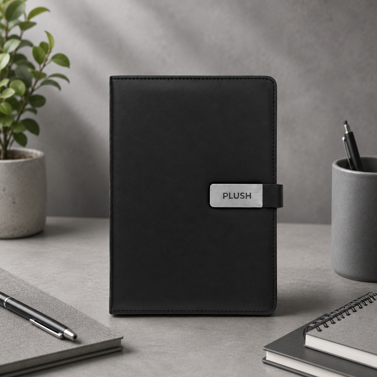 Black personalized magnetic diary with custom name plate and premium closure
