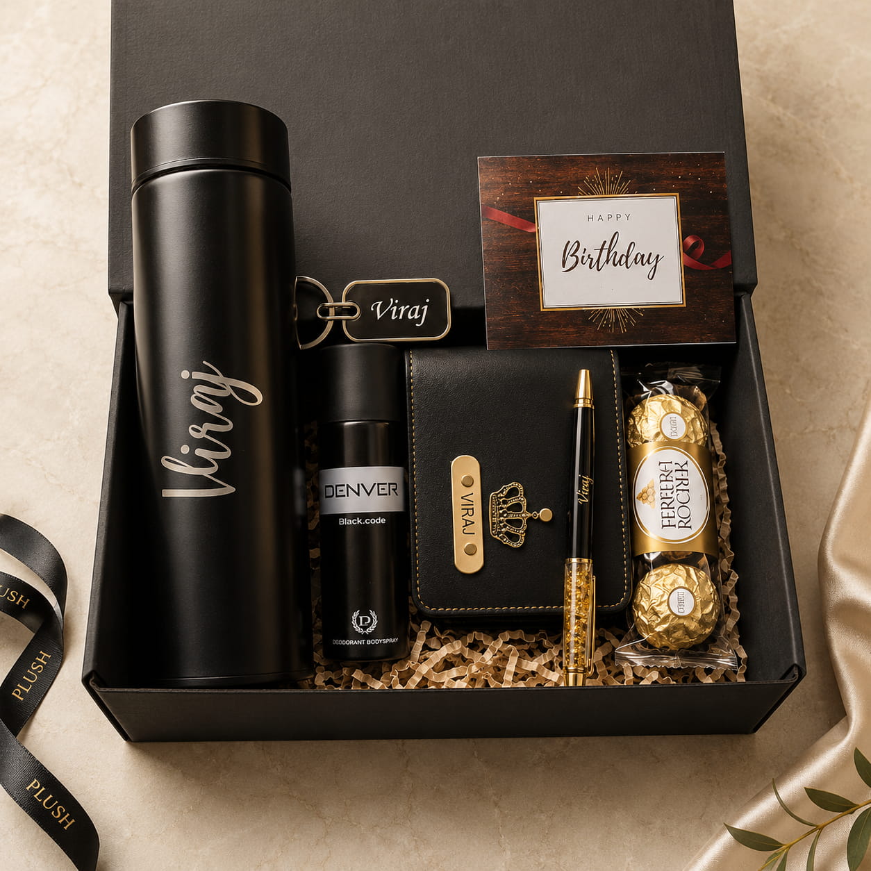Personalized Men's Deluxe Gift Hamper with custom LED bottle, men's wallet, metal keychain, premium pen, chocolates and deodorant.