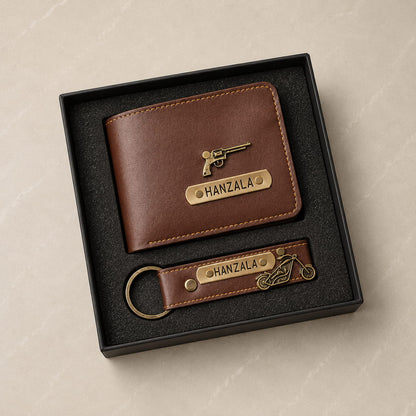 Personalized men's wallet and keychain combo gift set with custom name and charm in premium vegan leather.