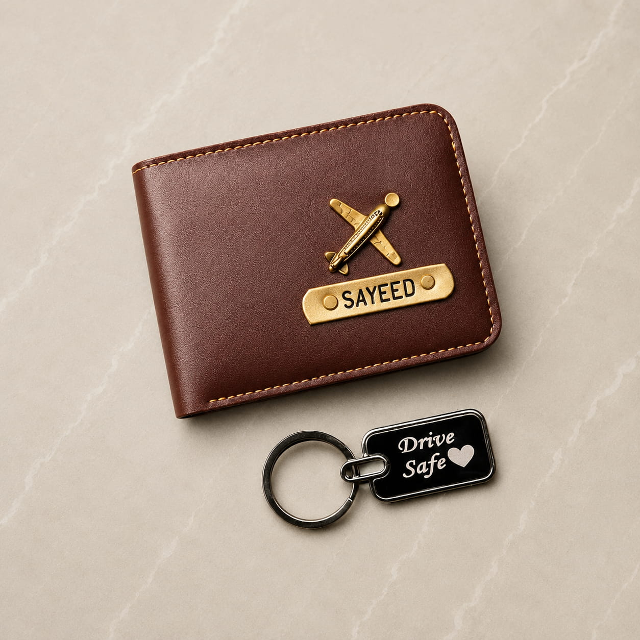 Personalized men's wallet and metal keychain combo with custom name engraving and charm in premium vegan leather.