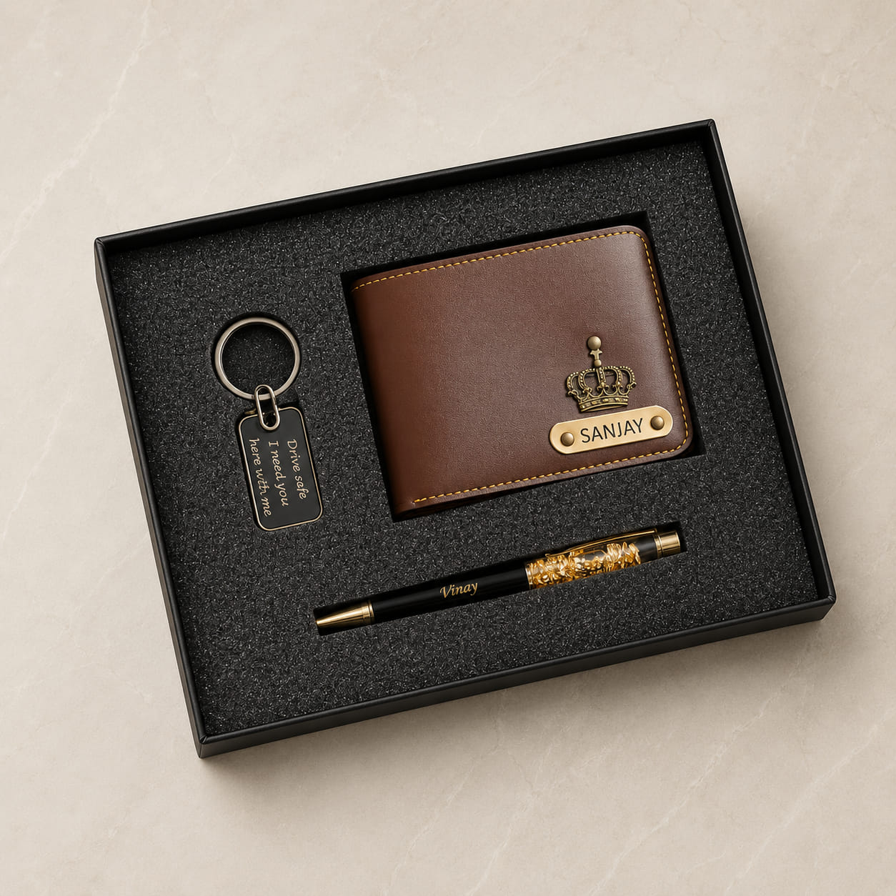 Personalized men's wallet, pen and metal keychain combo with custom name engraving
