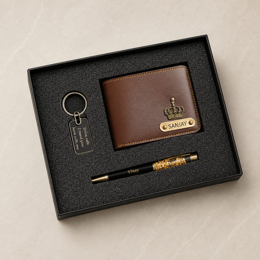 Personalized men's wallet, pen and metal keychain combo with custom name engraving