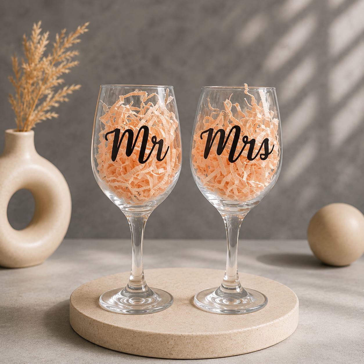 Personalized Mr. & Mrs. wine glass set with custom names, premium glass, set of two.