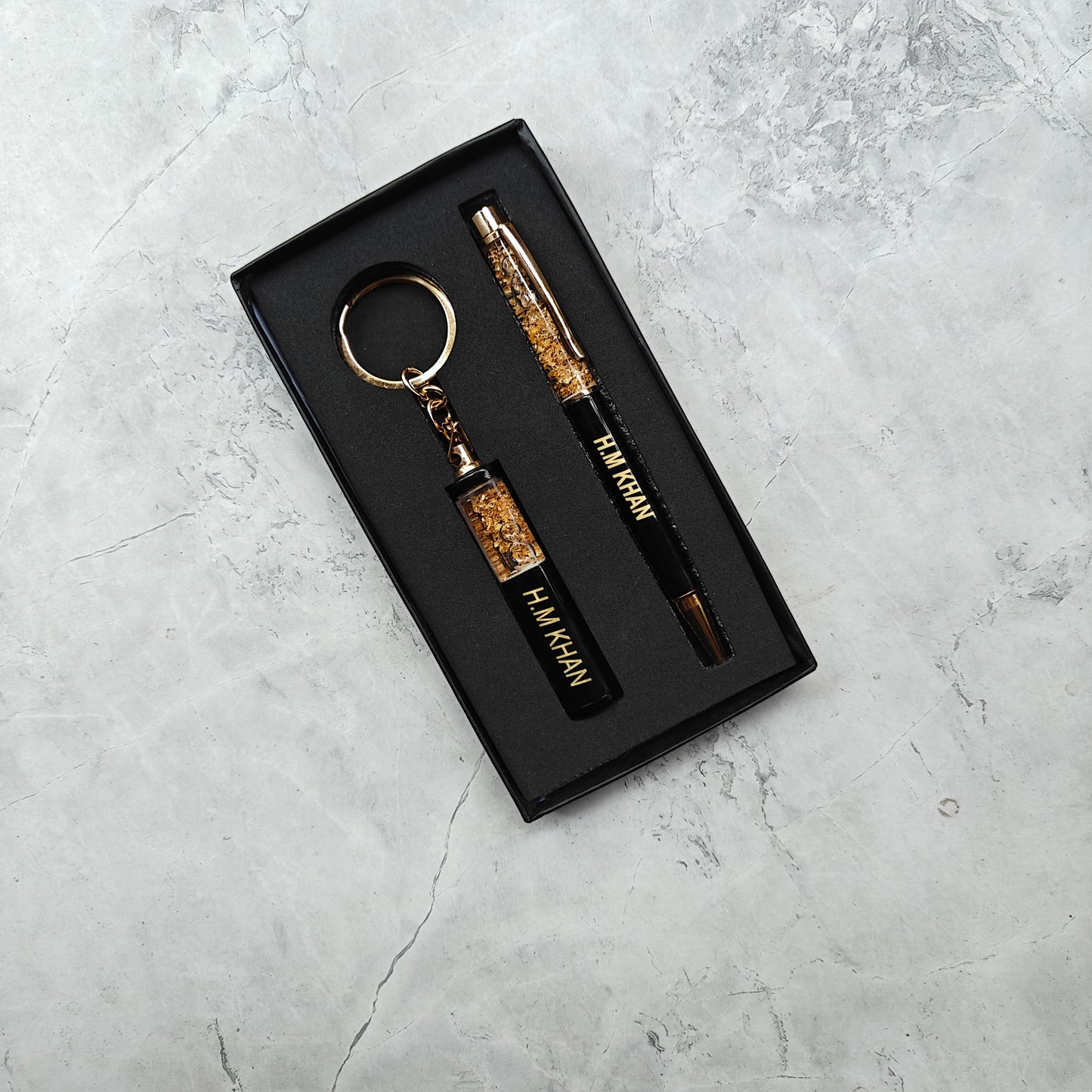 Personalized Pen and Keychain Set in Black and Golden Flake