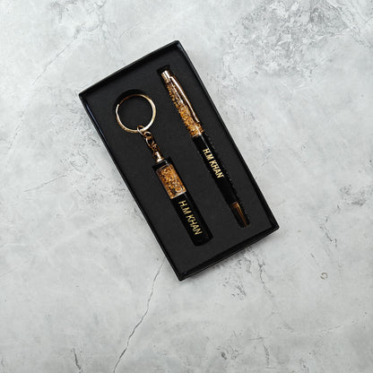 Personalized Pen and Keychain Set in Black and Golden Flake