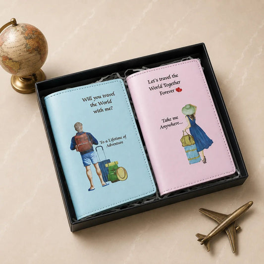 Personalized printed couple passport cover set in matching travel-themed designs.