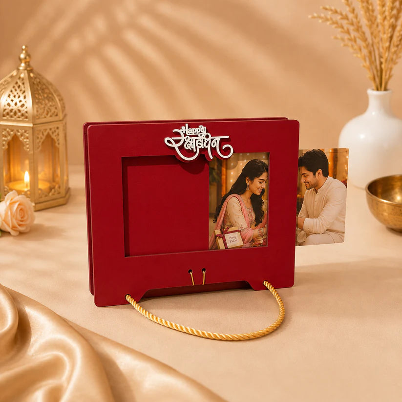 Personalized Rakhi Photo Frame Gift Box with reusable display frame and 12 assorted chocolates.