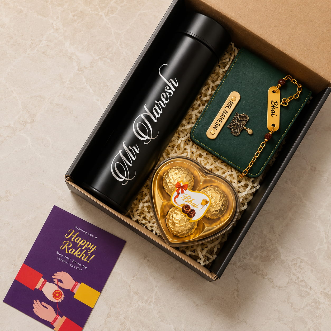 Personalized Rakhi Gift Set with custom LED bottle, men's wallet, metal bracelet rakhi, Rocher chocolates and Rakhi greeting card.