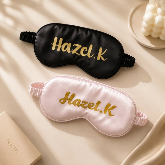 Personalized satin eye mask with custom name. Soft satin fabric, elastic strap and comfortable fit for sleep, travel and relaxation.