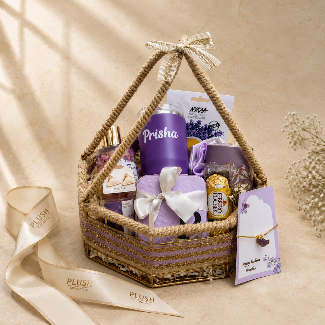 Personalized Sister Rakhi Gift Basket with Tumbler, Jewellery Organizer, Ferrero Rocher, Rakhi Bracelet and Premium Metal Basket