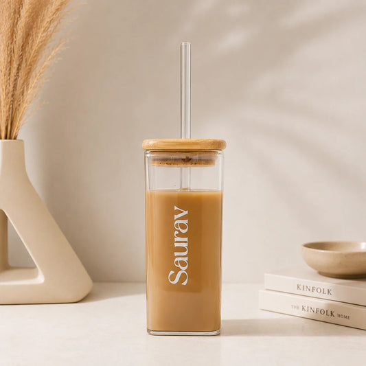 Personalized square glass tumbler with bamboo lid, reusable glass straw and custom name engraving