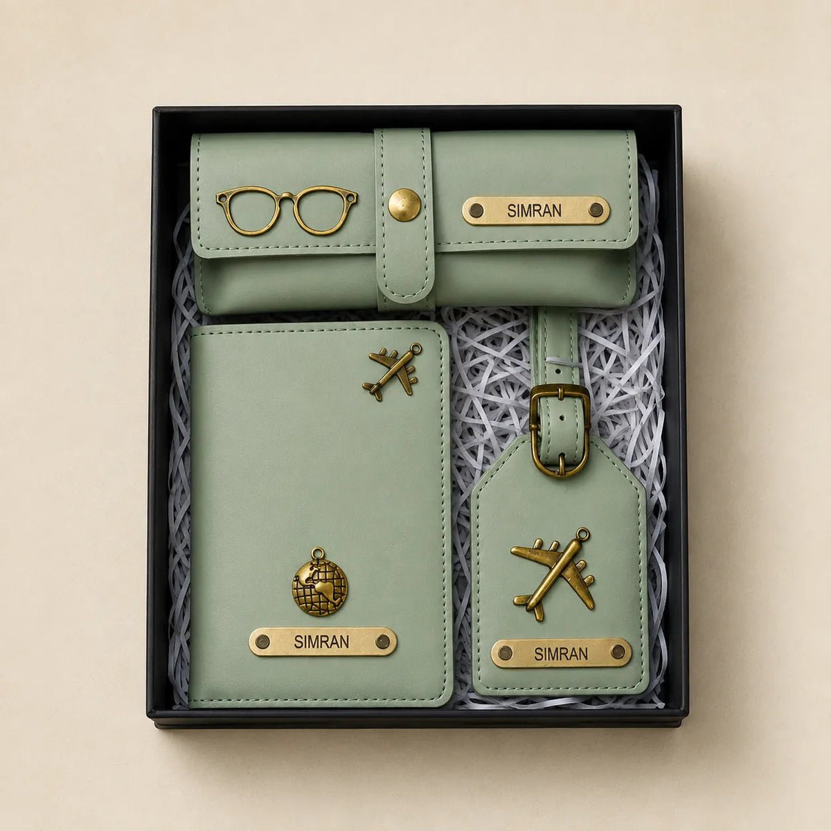 Personalized travel accessories gift set with passport cover, wallet and luggage tag