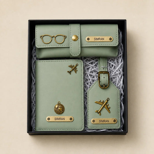 Personalized travel accessories gift set with passport cover, wallet and luggage tag