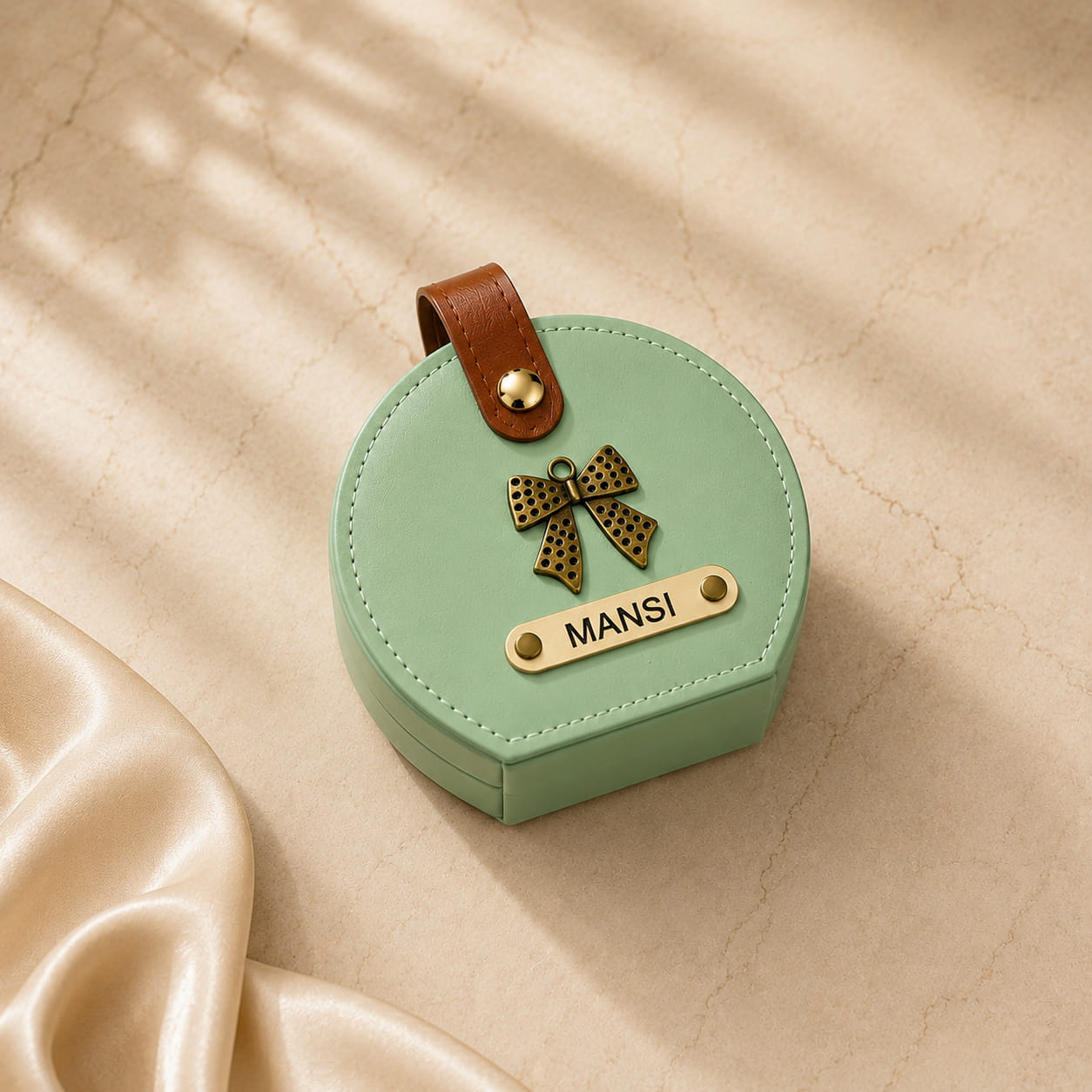Personalized mini travel jewelry box organizer in multiple colors including Mint Green, Baby Pink, Cream, Black, Baby Blue, Hot Pink, and Peach with custom name and charm.