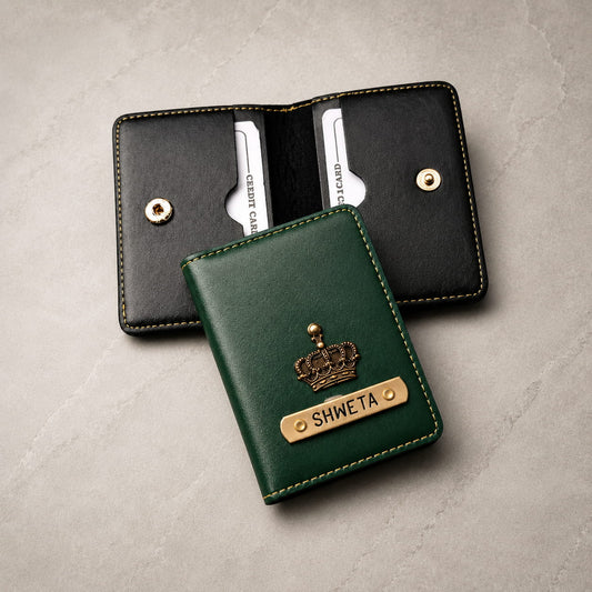Personalized sleek wallet card holder with custom name plate and charm