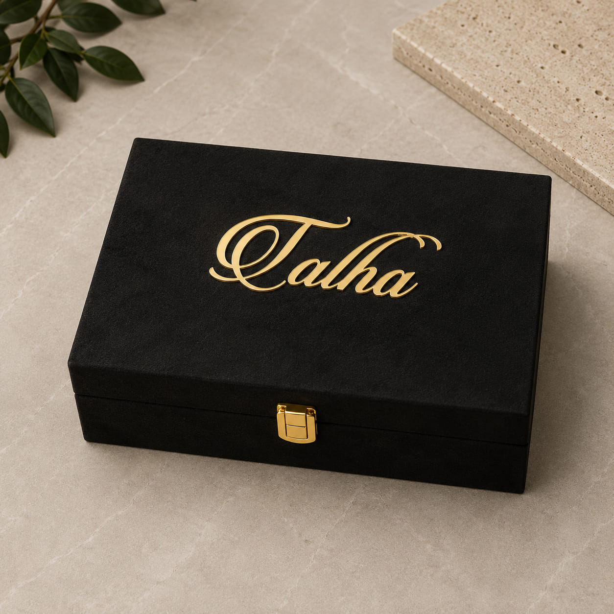 Personalized Velvet Trunk Gift Hamper with customized velvet trunk box, LED temperature bottle, men's wallet, Ferrero Rocher chocolates and artificial roses.