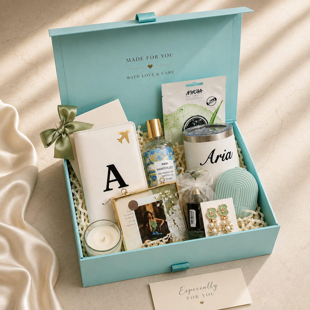 Personalized Wanderlust Gift Hamper with Passport Cover, Tumbler, Candle, Skincare & Personalized Keepsakes