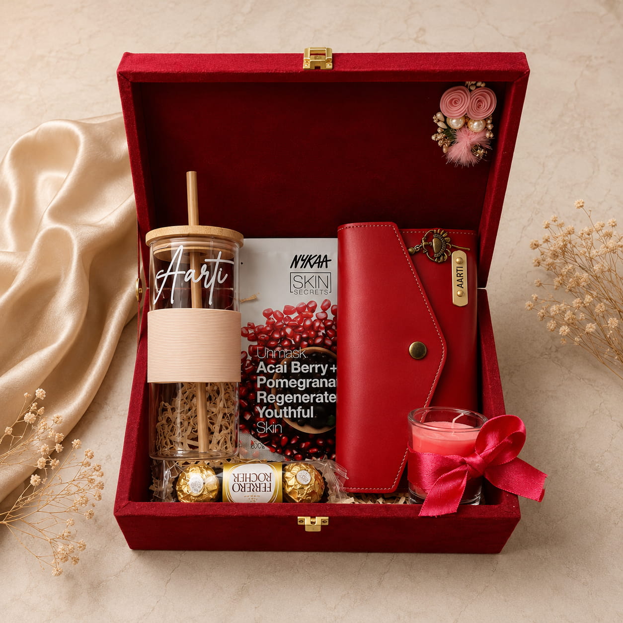 Personalized Women's Deluxe Gift Hamper with customized women's wallet, personalized glass tumbler, chocolates, scented candle and premium velvet trunk box.