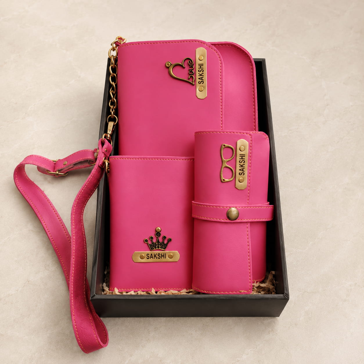 Personalized Women's Travel Gift Set with customized ladies sling bag, passport cover and sunglass holder in premium gift box.