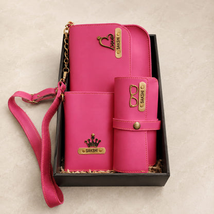 Personalized Women's Travel Gift Set with customized ladies sling bag, passport cover and sunglass holder in premium gift box.