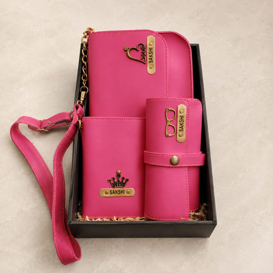 Personalized Women's Travel Gift Set with customized ladies sling bag, passport cover and sunglass holder in premium gift box.