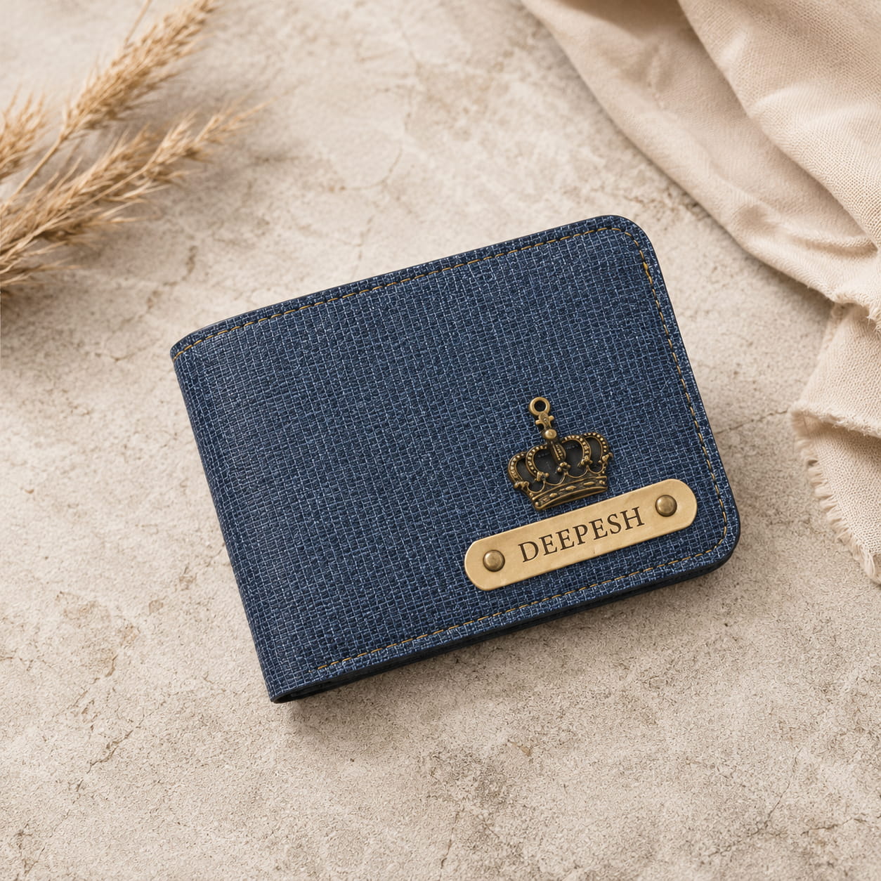 Blue denim texture personalized men's wallet with custom name plate and crown charm
