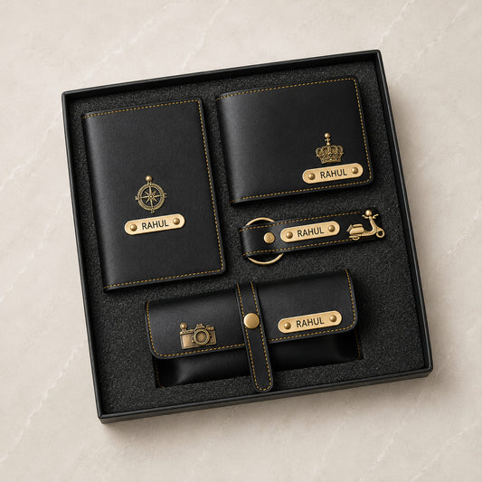 Personalized men's 4-piece gift combo with wallet, passport cover, sunglass holder and keychain