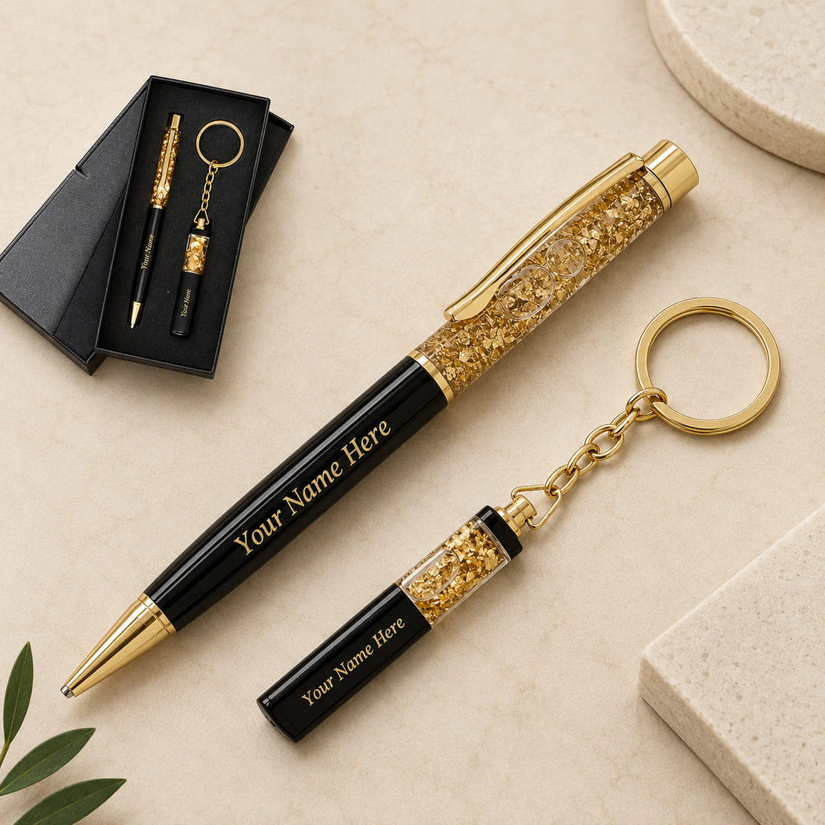 Personalized Gold Flake Pen & Keychain Gift Set - Plush Gifting Co.