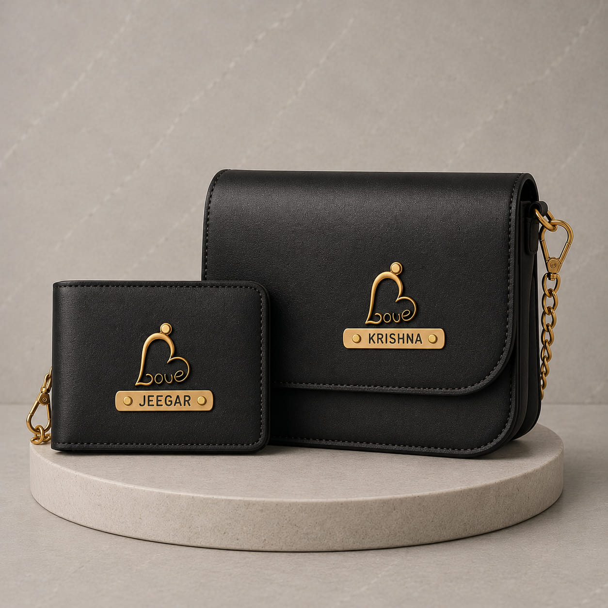 Personalized couple gift combo with men's wallet and women's sling bag featuring custom name plates
