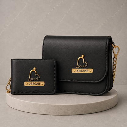 Personalized couple gift combo with men's wallet and women's sling bag featuring custom name plates