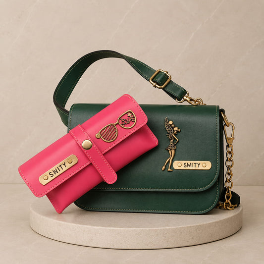 Personalized women's sling bag and sunglass holder gift combo with custom name plates